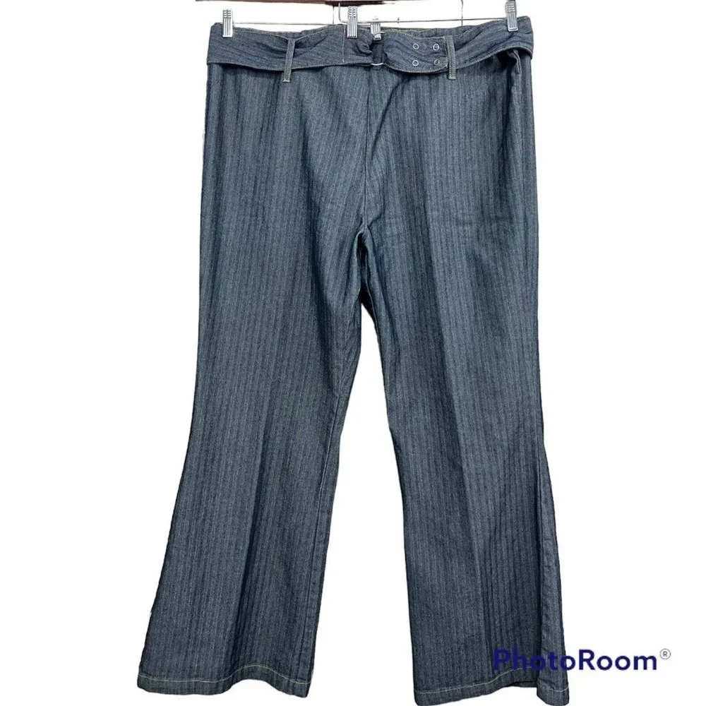 Vintage 90s Y2K Women Denim Pants Set Jacket Pants Belt Flared Wide Leg 4X‎